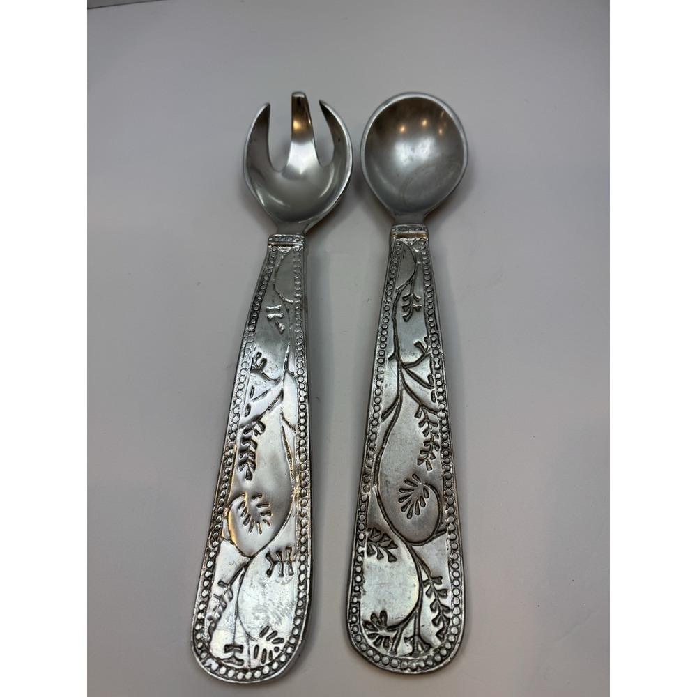 Pewter Metal Floral Salad Server Set, Spoon Fork, Matte Silver Finish, 10 Inch